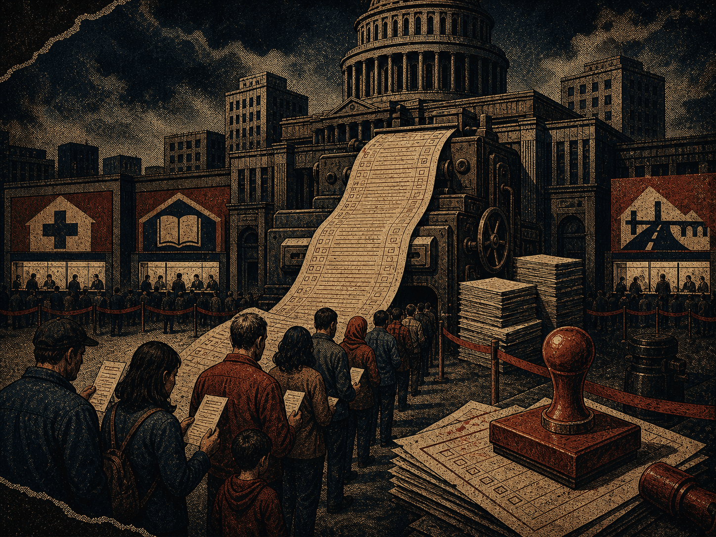 Editorial illustration of taxpayers queued at an imposing government service machine