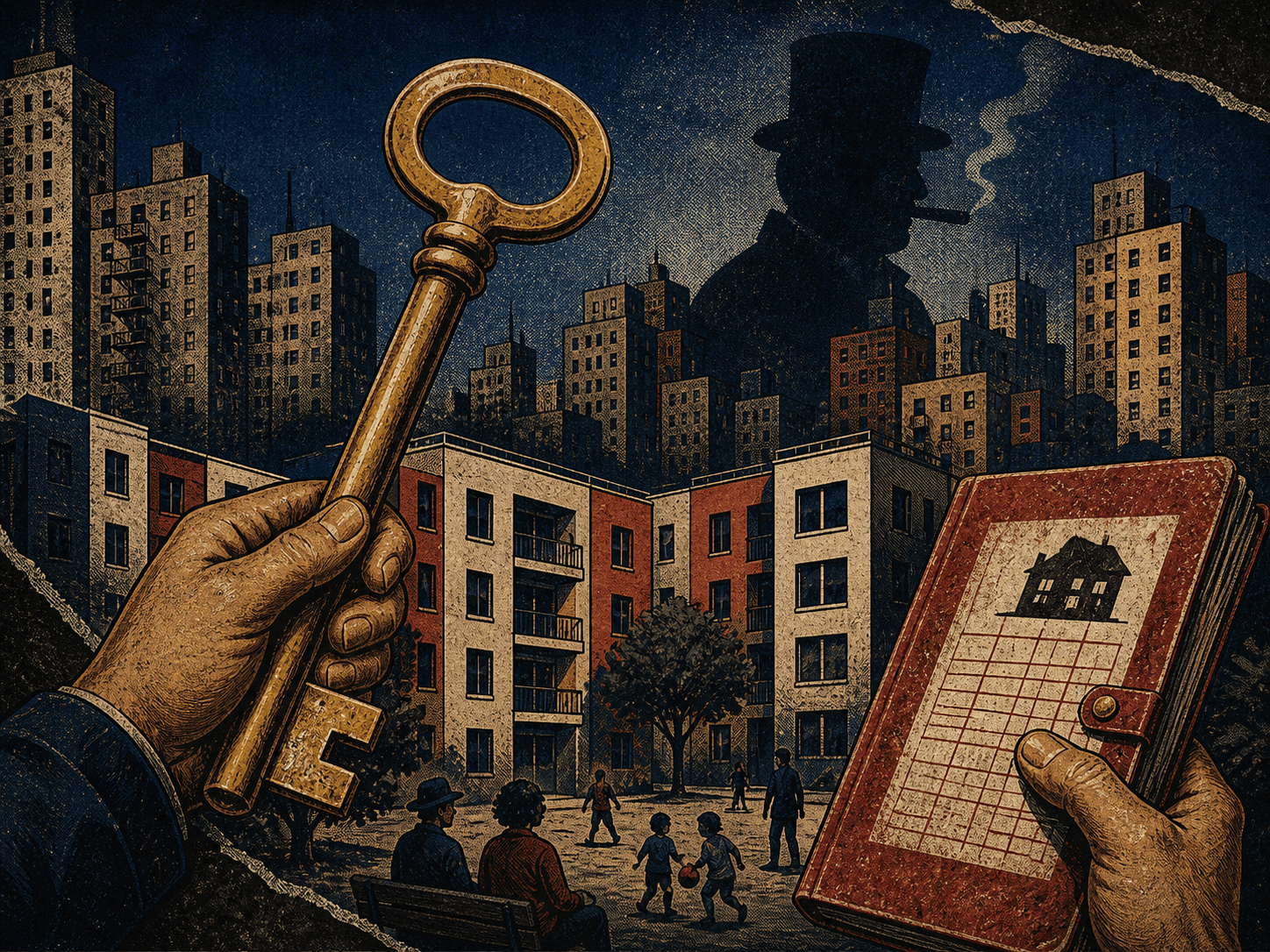 Editorial illustration of apartment buildings, a key, and a housing ledger