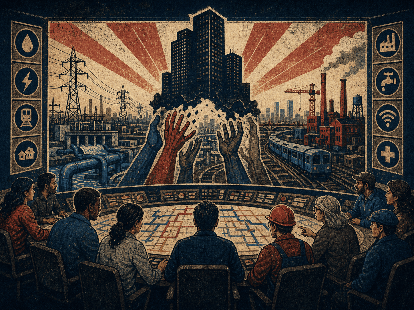 Editorial illustration of workers and residents directing public utilities and transit